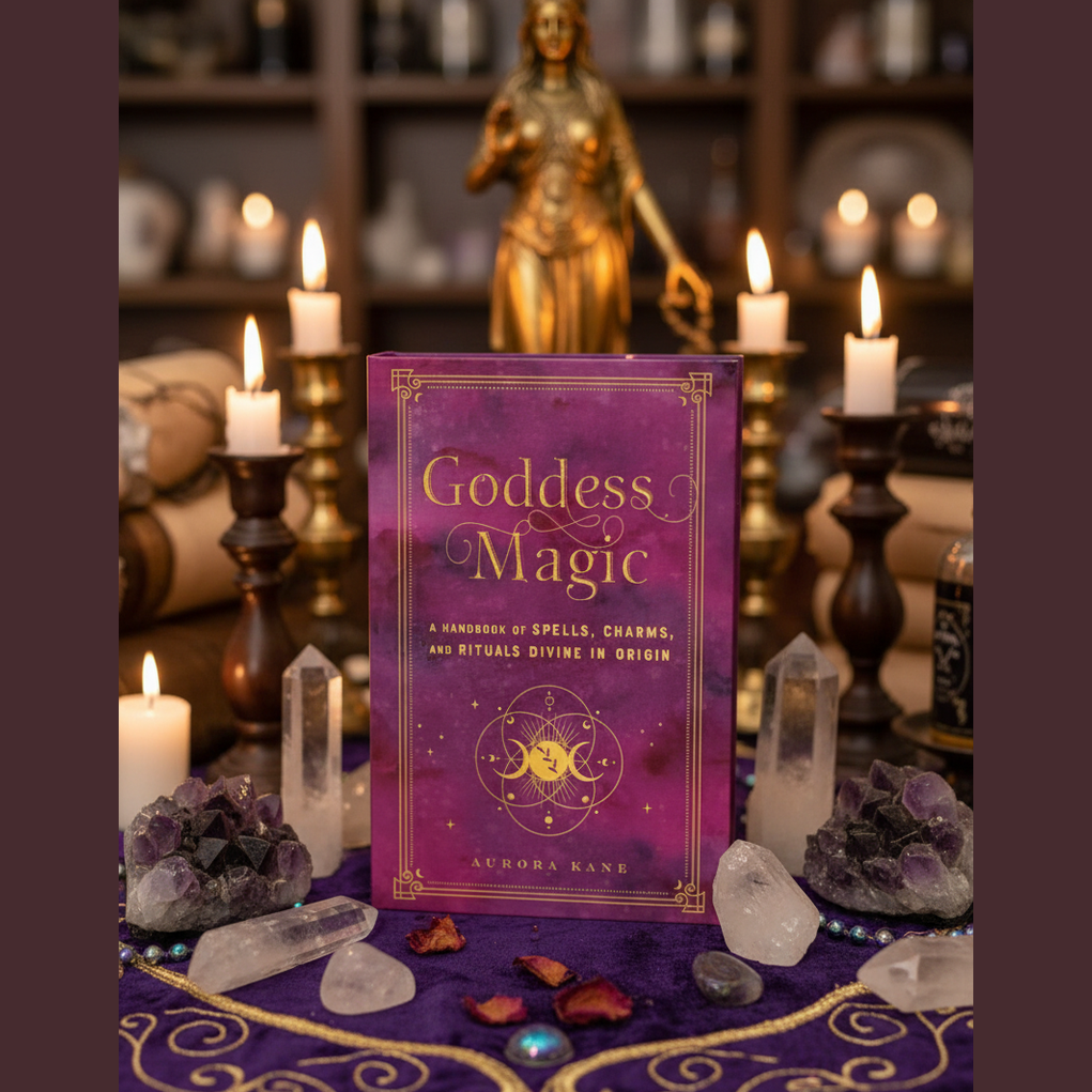 Exact Goddess Magic book with premium goddess worship sanctuary ambiance and BeWitchy Emporium watermark