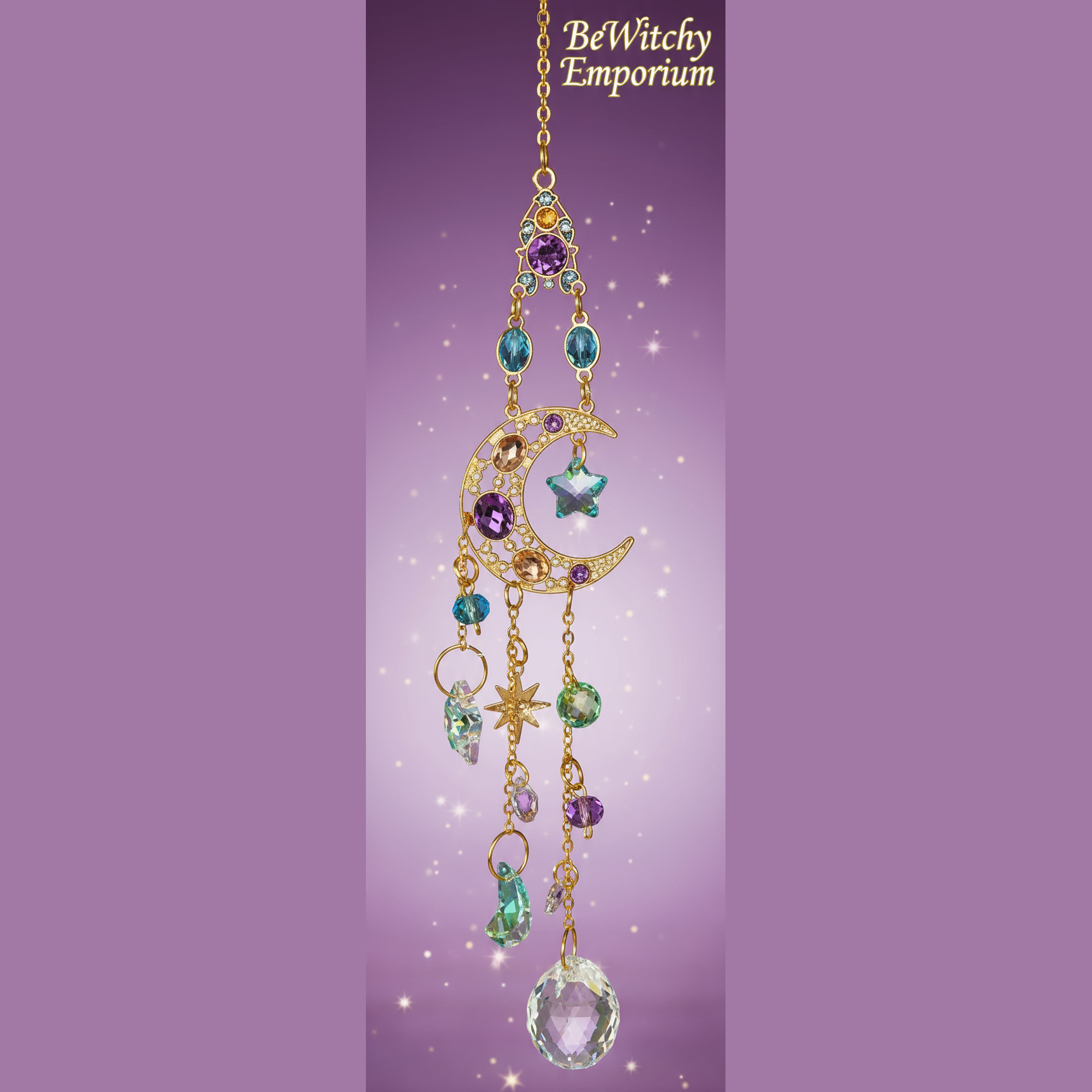 Exact gold crescent moon suncatcher with clean professional styling and BeWitchy Emporium watermark