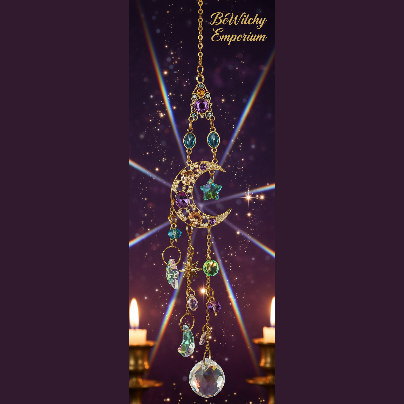 Exact gold crescent moon suncatcher with cosmic mystical styling and BeWitchy Emporium watermark