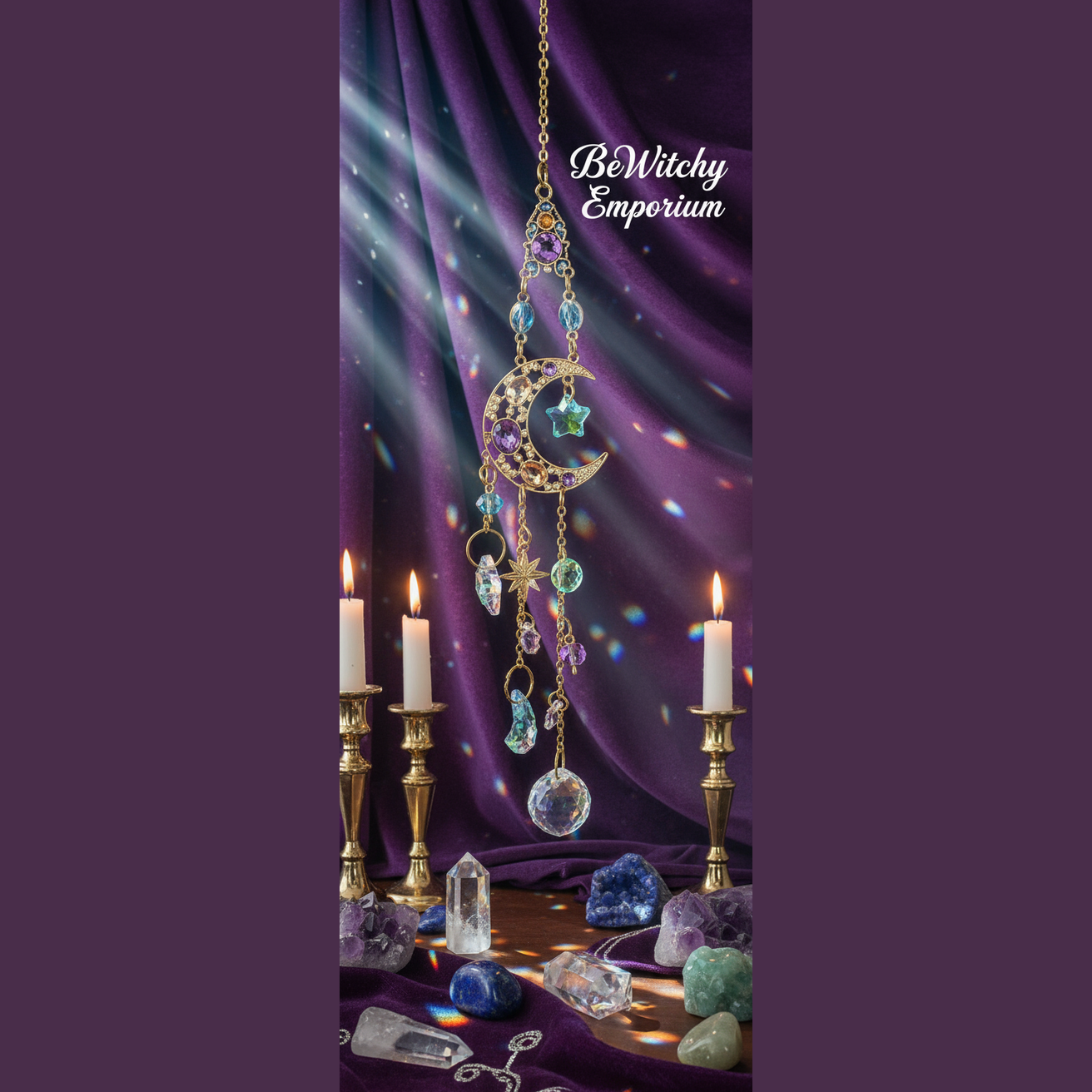 Exact gold crescent moon suncatcher with premium moon magic ambiance and BeWitchy Emporium watermark