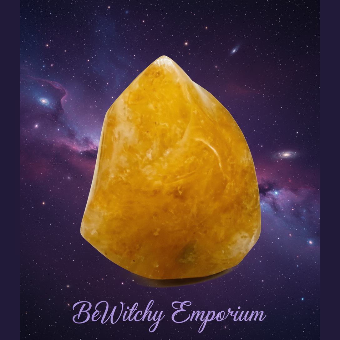 Exact golden yellow calcite tower with cosmic mystical styling and BeWitchy Emporium watermark