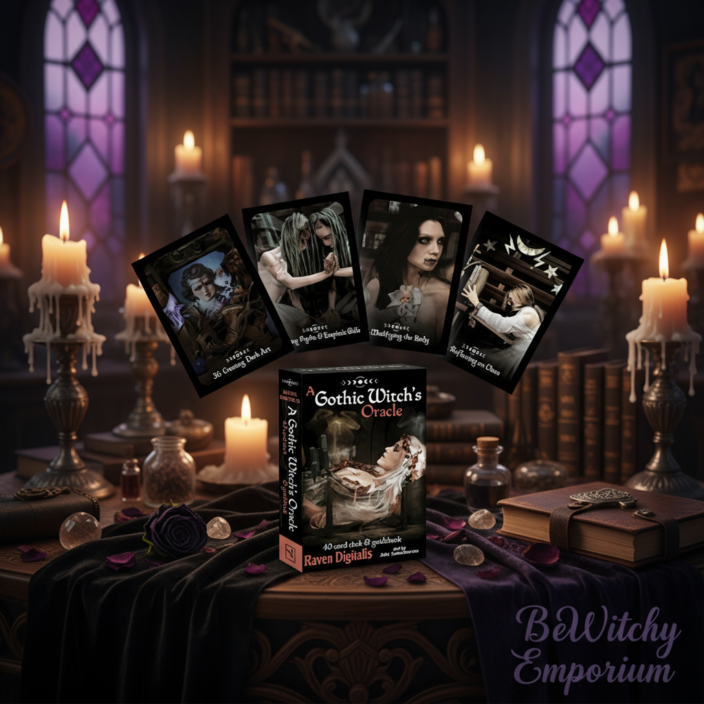 Exact Gothic Witch's Oracle deck with premium gothic divination sanctuary ambiance and BeWitchy Emporium watermark