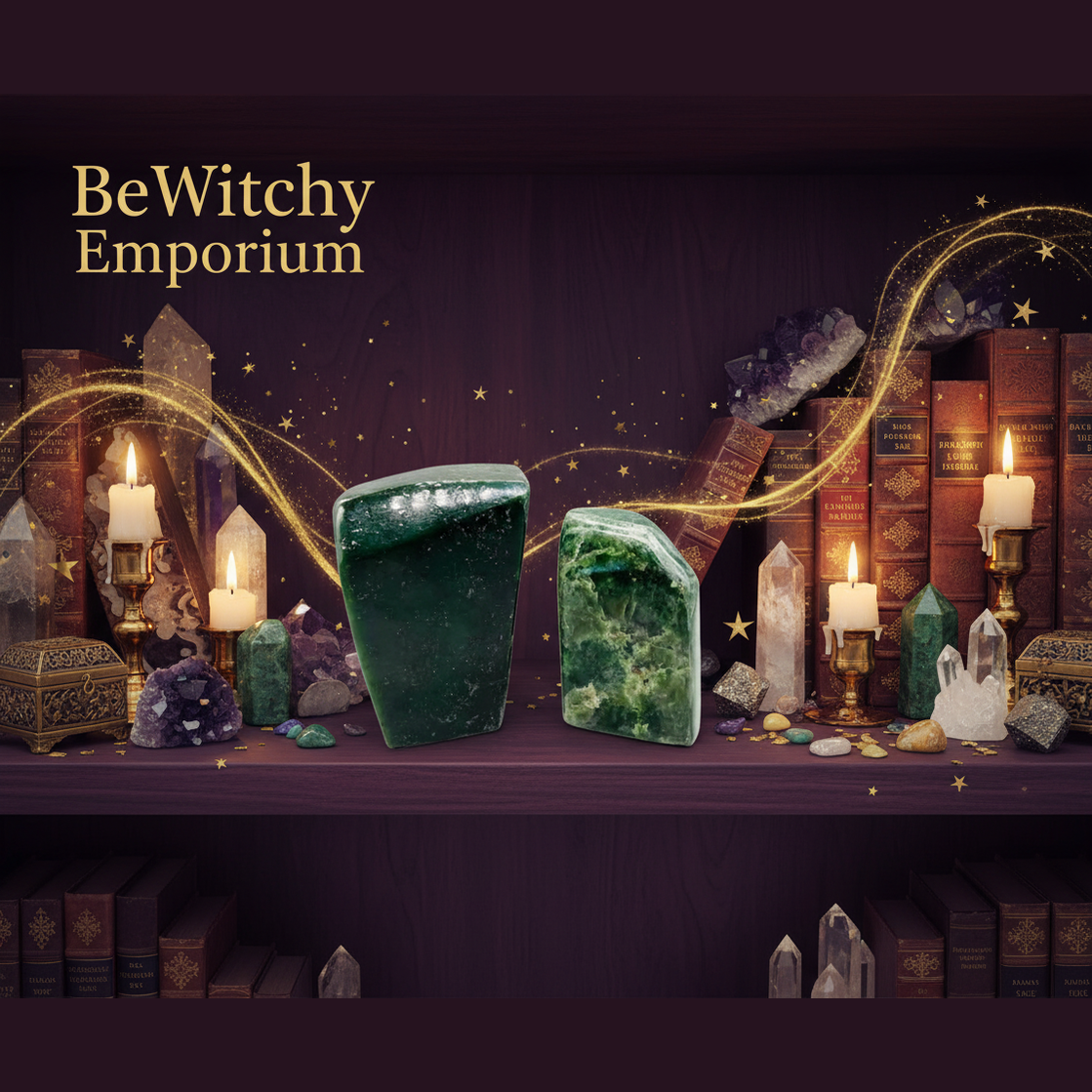 Exact green aventurine bookends with premium crystal library ambiance and BeWitchy Emporium watermark