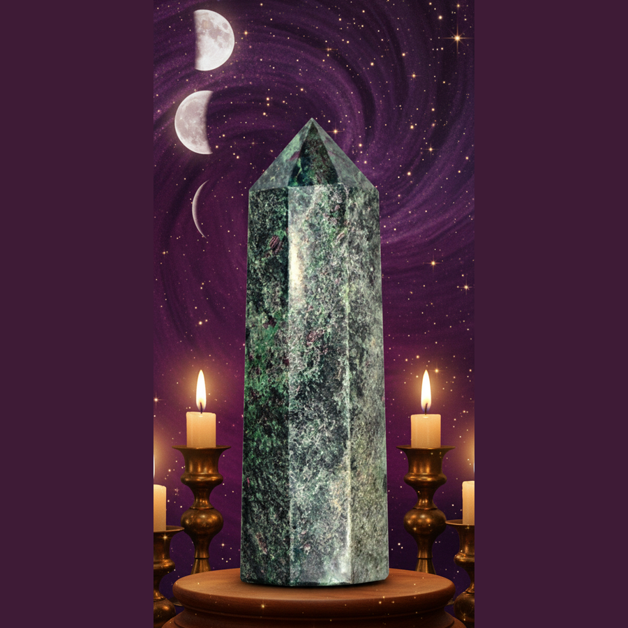 Exact green aventurine crystal tower with cosmic mystical styling and BeWitchy Emporium watermark