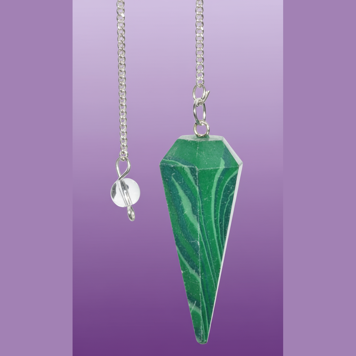 Exact green aventurine faceted pendulum with clean professional styling and BeWitchy Emporium watermark