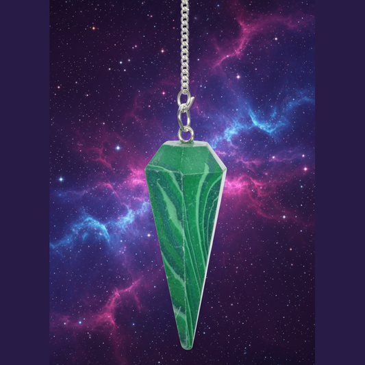 Exact green aventurine faceted pendulum with cosmic mystical styling and BeWitchy Emporium watermark