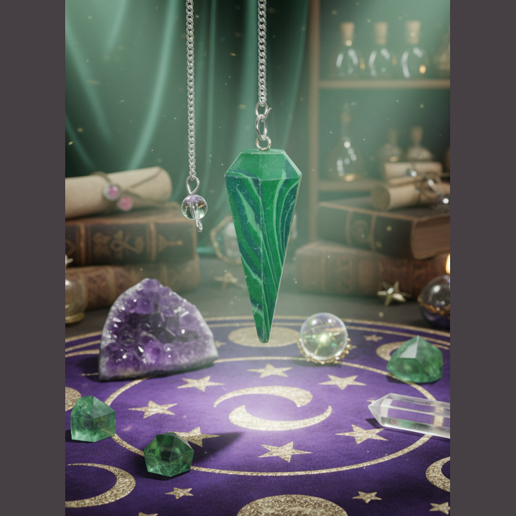 Exact green aventurine faceted pendulum with premium divination sanctuary ambiance and BeWitchy Emporium watermark