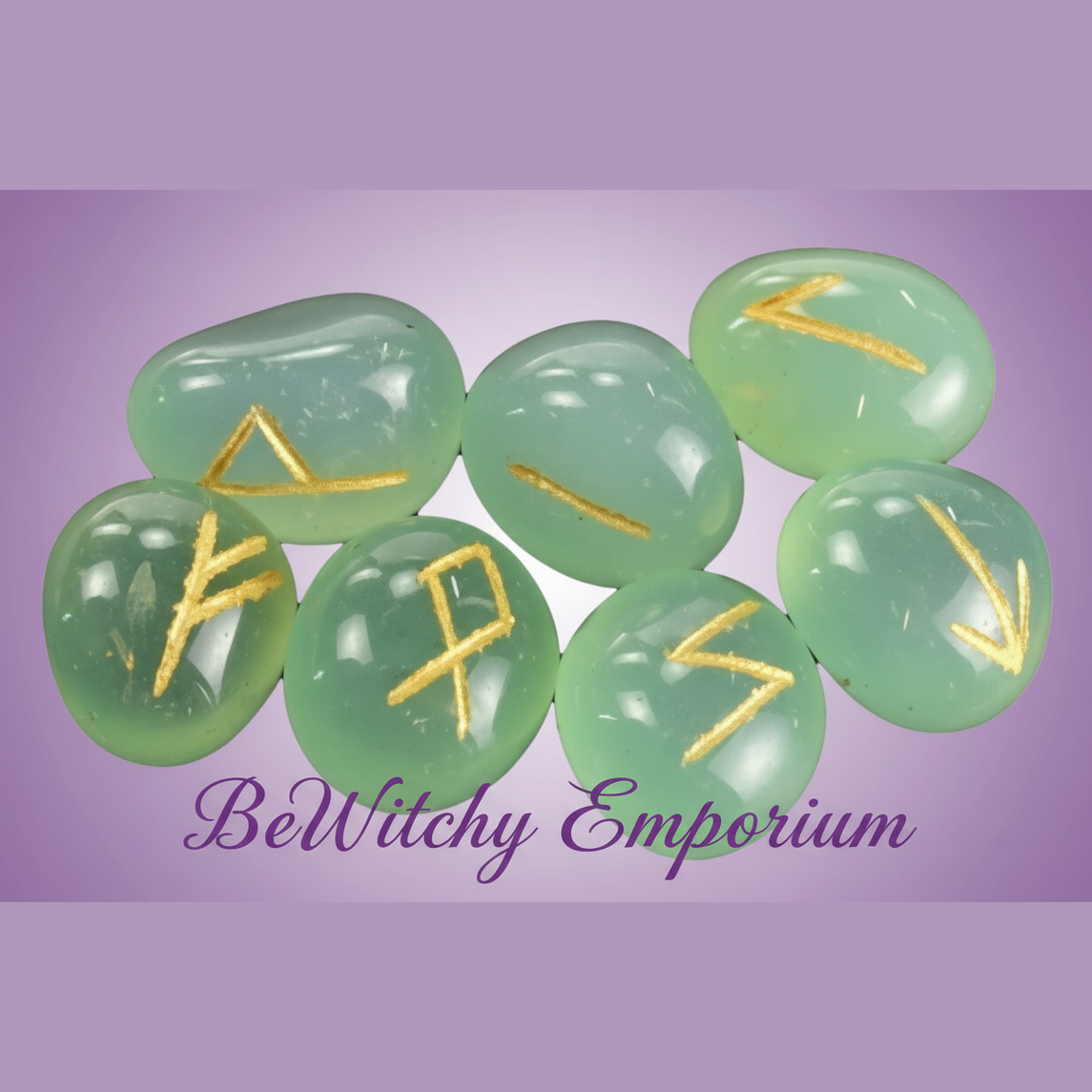 Exact green aventurine rune stone set with clean professional styling and BeWitchy Emporium watermark