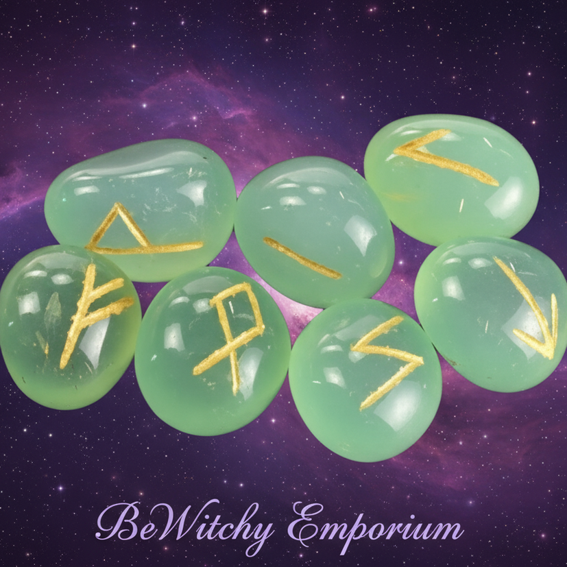 Exact green aventurine rune stone set with cosmic mystical styling and BeWitchy Emporium watermark
