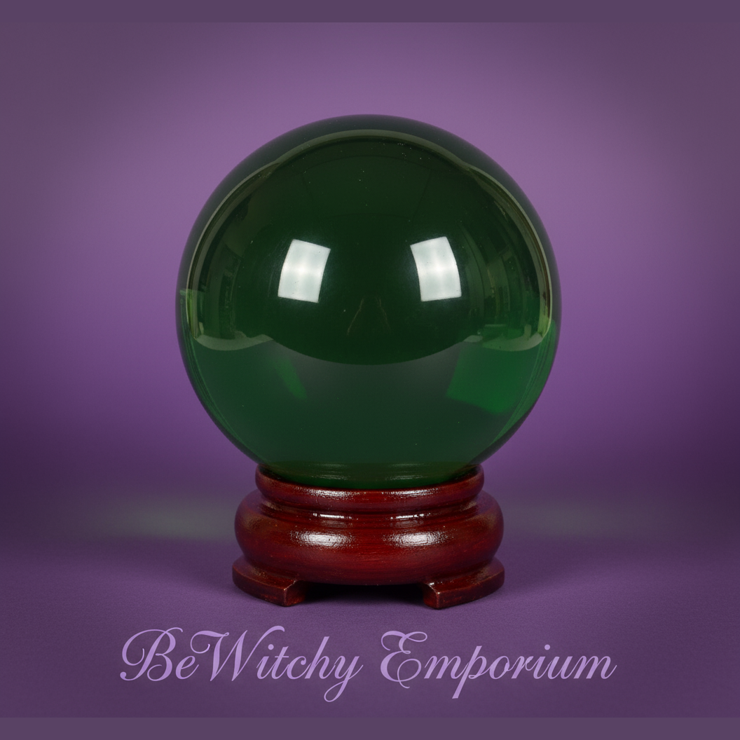 Exact green glass crystal ball with clean professional styling and BeWitchy Emporium watermark