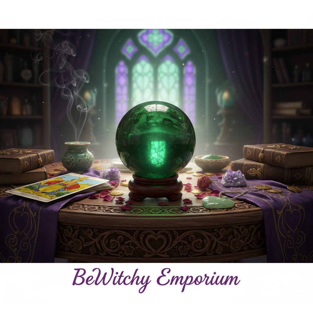 Exact green glass crystal ball with premium divination sanctuary ambiance and BeWitchy Emporium watermark