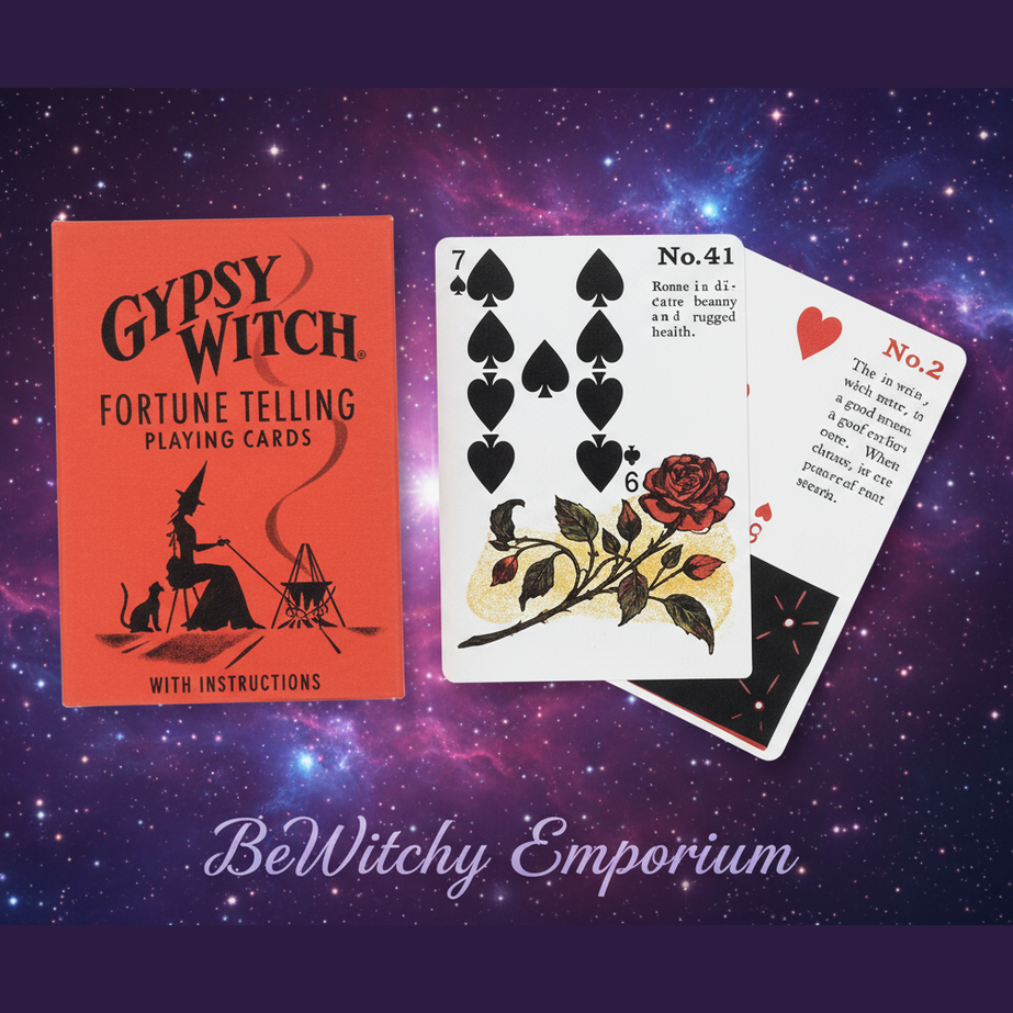 Exact Gypsy Witch Fortune Telling Playing Cards with cosmic mystical styling and BeWitchy Emporium watermark
