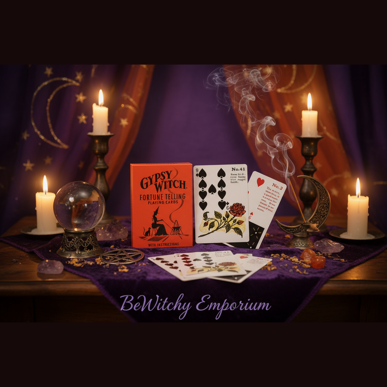 Exact Gypsy Witch Fortune Telling Playing Cards with premium divination sanctuary ambiance and BeWitchy Emporium watermark