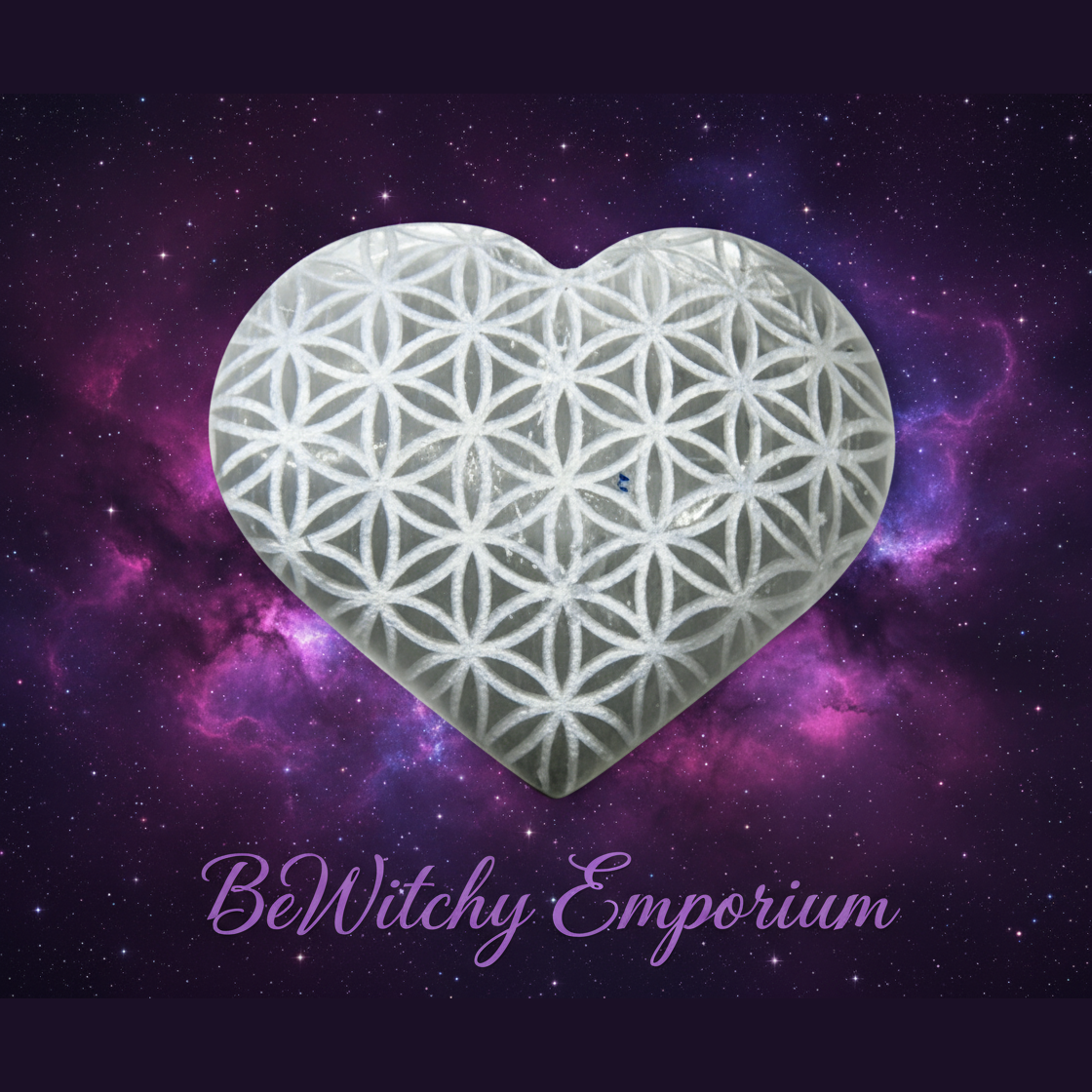 Exact heart selenite Flower of Life plate with cosmic mystical styling and BeWitchy Emporium watermark
