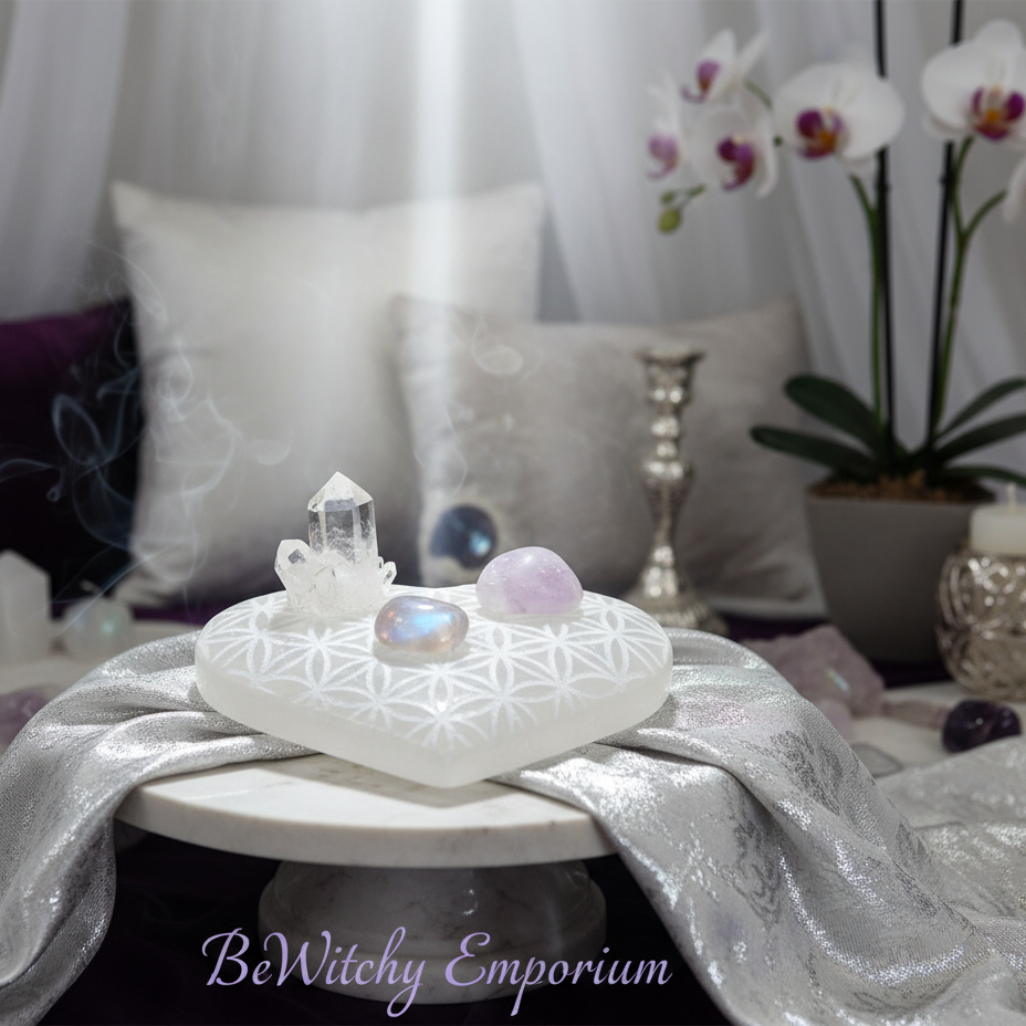 Exact heart selenite Flower of Life plate with premium healing sanctuary ambiance and BeWitchy Emporium watermark