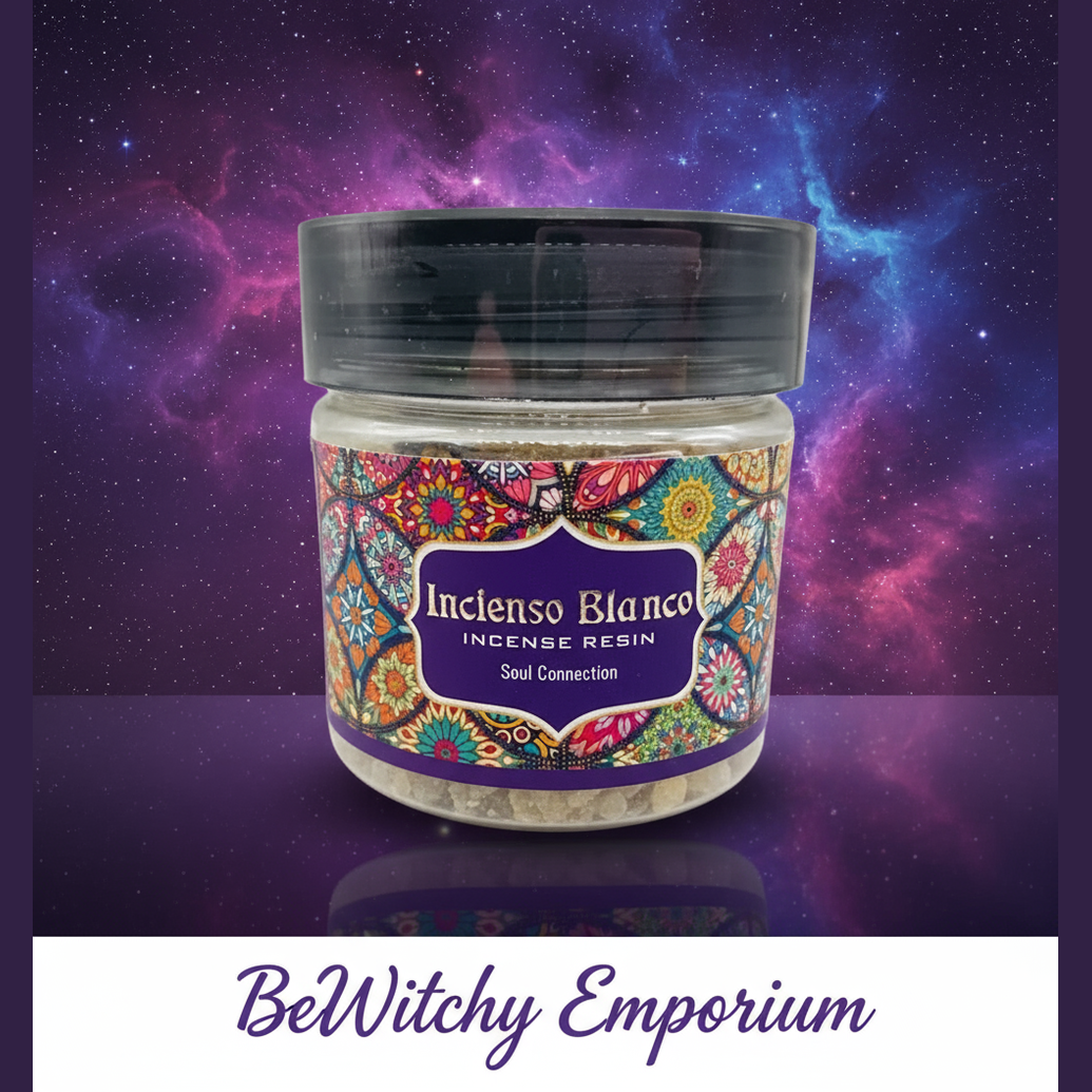 Exact Incienso Blanco incense resin jar with cosmic mystical styling and BeWitchy Emporium watermark