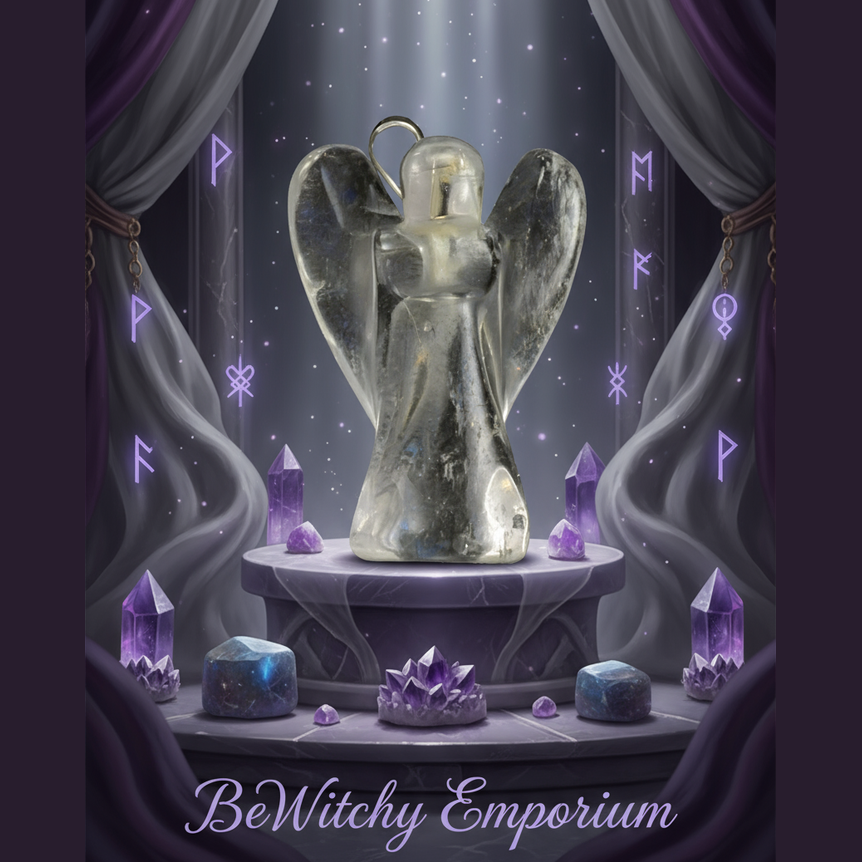 Exact labradorite angel figurine with premium angelic sanctuary ambiance and BeWitchy Emporium watermark