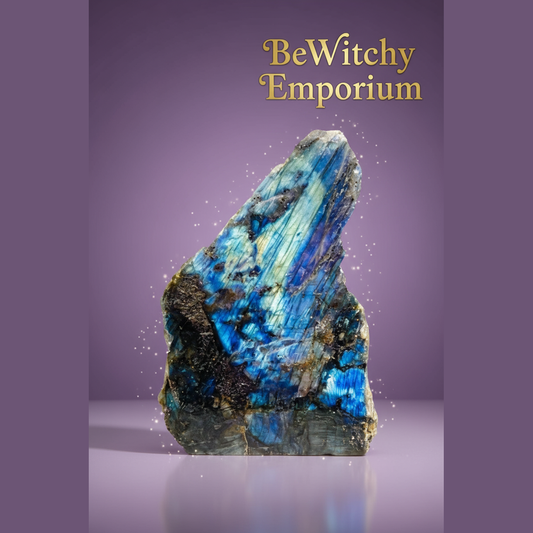 Exact labradorite crystal with clean professional styling and BeWitchy Emporium watermark