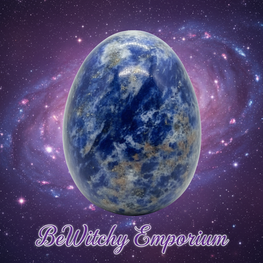 Exact lapis lazuli palm stone with cosmic mystical styling and BeWitchy Emporium watermark