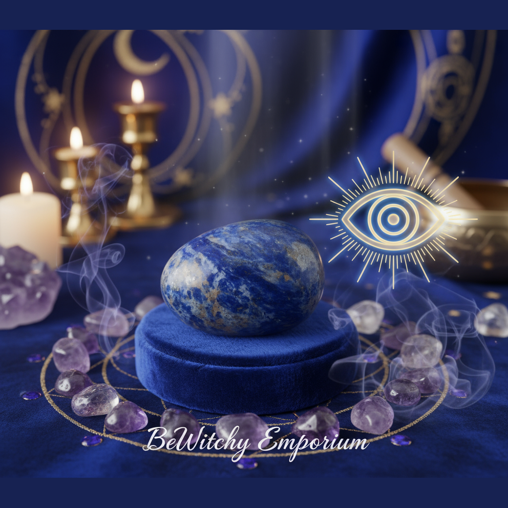 Exact lapis lazuli palm stone with premium healing sanctuary ambiance and BeWitchy Emporium watermark