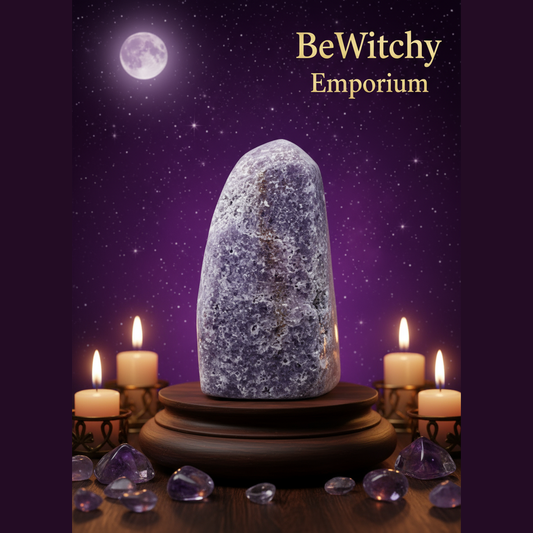 Exact lepidolite crystal tower with cosmic mystical styling and BeWitchy Emporium watermark