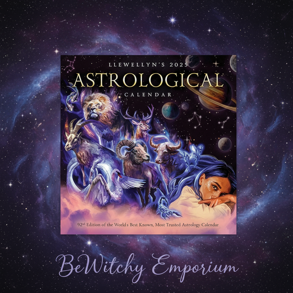 Exact Llewellyn's 2025 Astrological Calendar with cosmic mystical styling and BeWitchy Emporium watermark