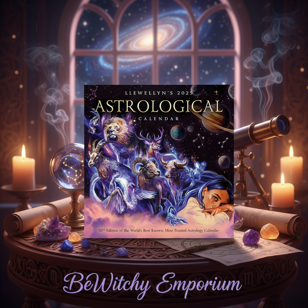 Exact Llewellyn's 2025 Astrological Calendar with premium astrology sanctuary ambiance and BeWitchy Emporium watermark