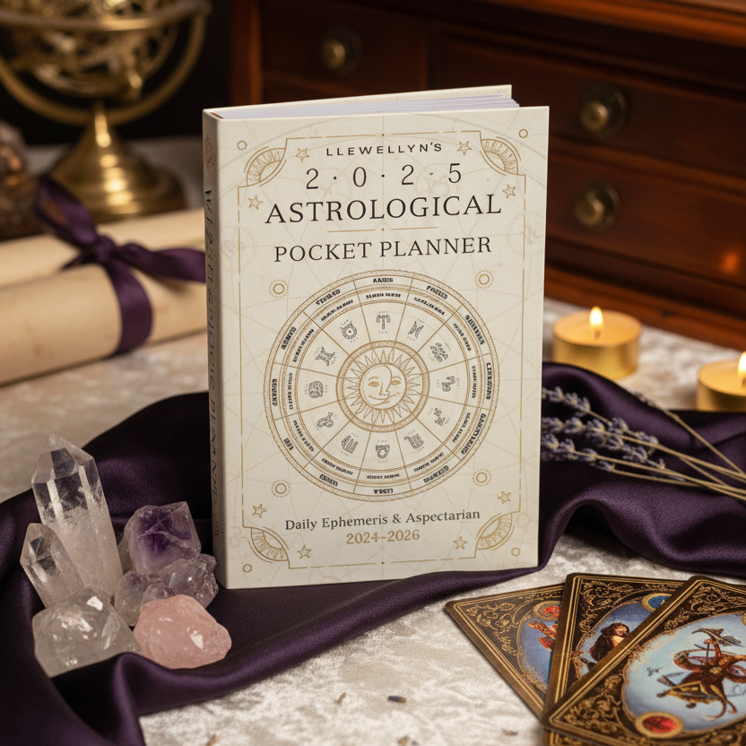 Exact Llewellyn's 2025 Astrological Planner with premium astrology sanctuary ambiance and BeWitchy Emporium watermark