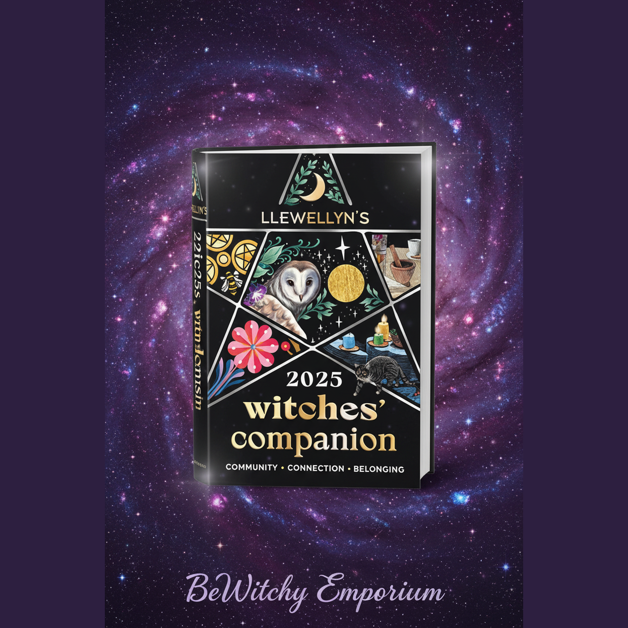 Exact Llewellyn's 2025 Witches' Companion with cosmic mystical styling and BeWitchy Emporium watermark