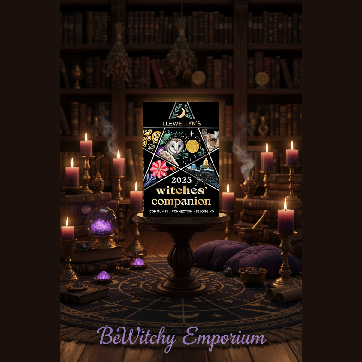 Exact Llewellyn's 2025 Witches' Companion with premium witchcraft library sanctuary ambiance and BeWitchy Emporium watermark