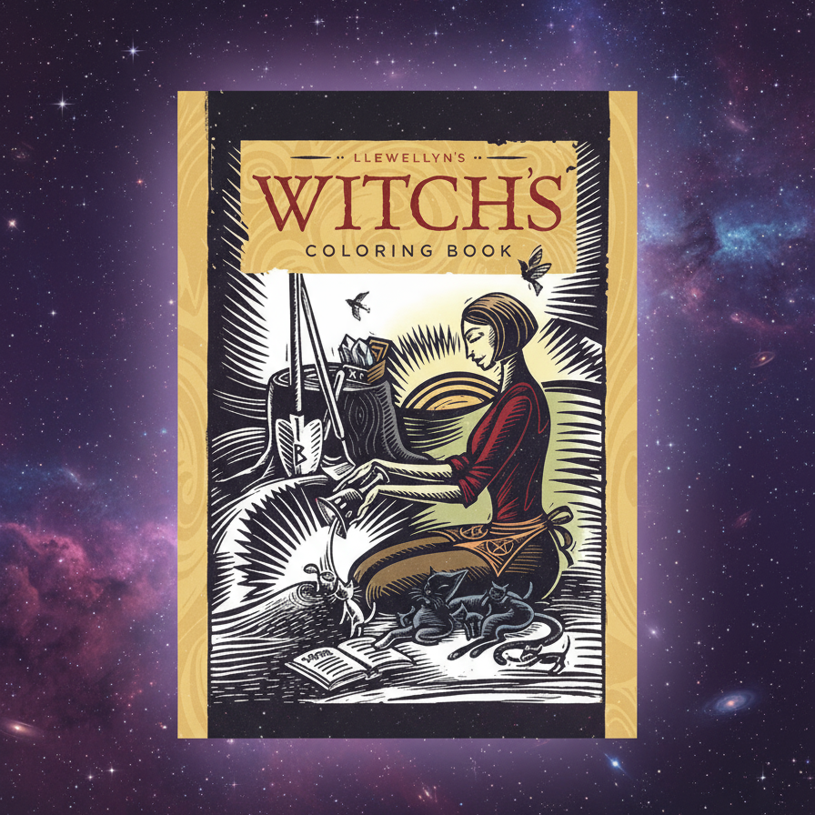 Exact Llewellyn's Witch's Coloring Book with cosmic mystical styling and BeWitchy Emporium watermark