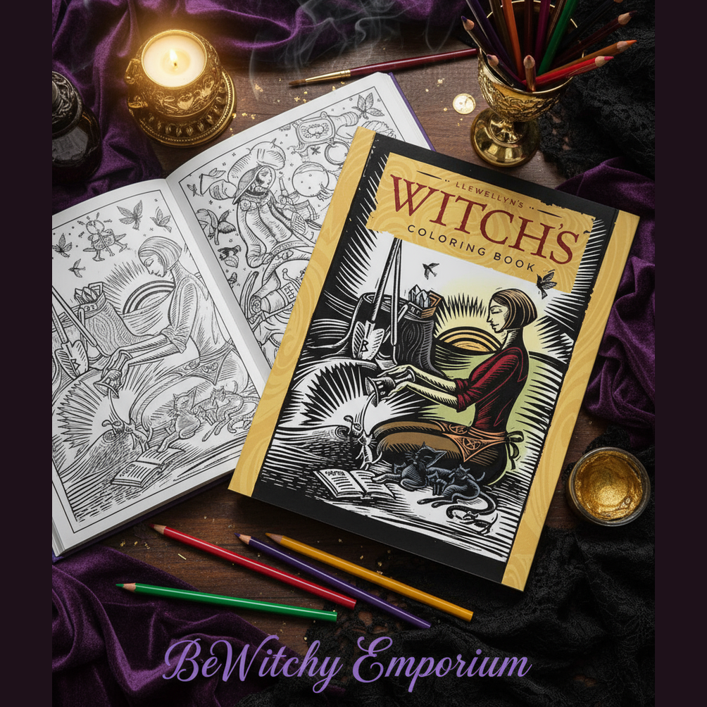 Exact Llewellyn's Witch's Coloring Book with premium creative arts sanctuary ambiance and BeWitchy Emporium watermark