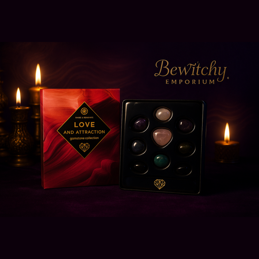 Exact Love and Attraction crystal set with premium magical ambiance and BeWitchy brand purple tones