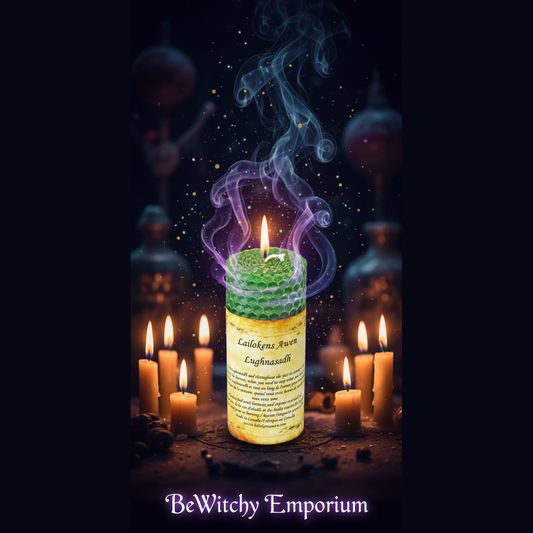 Exact Lughnasadh beeswax candle with mystical atmosphere