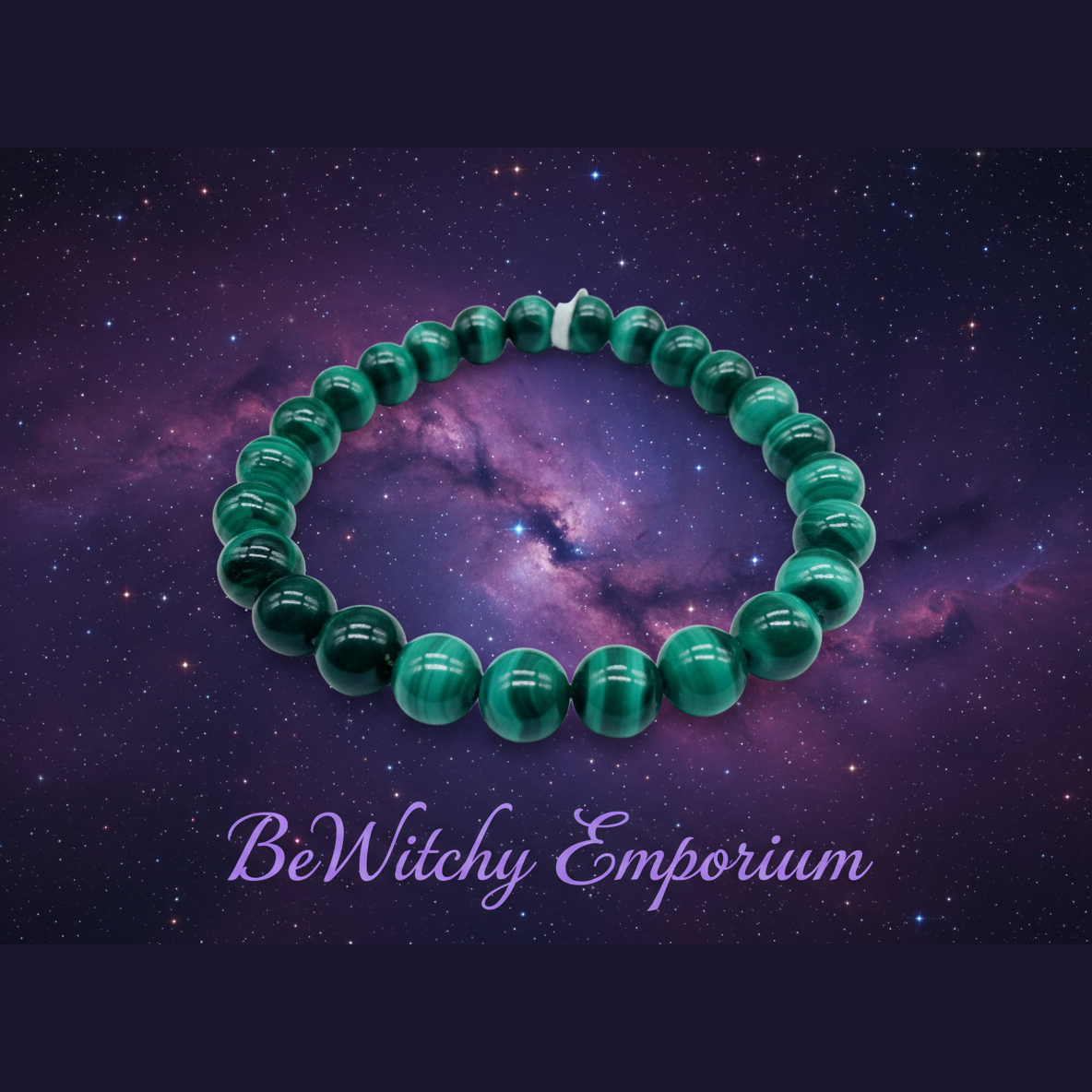 Exact malachite bead bracelet with cosmic mystical styling and BeWitchy Emporium watermark