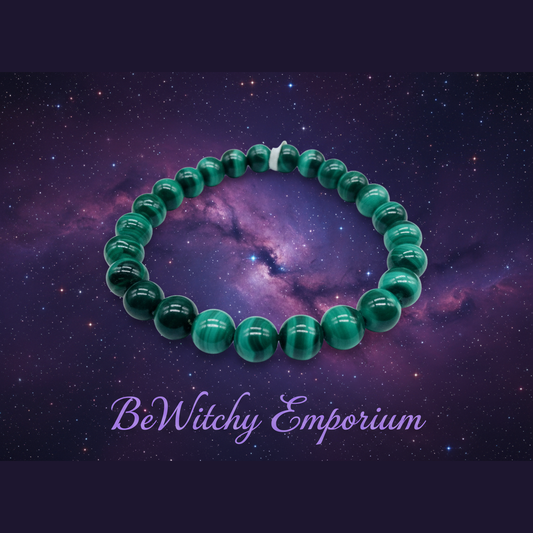 Exact malachite bead bracelet with cosmic mystical styling and BeWitchy Emporium watermark