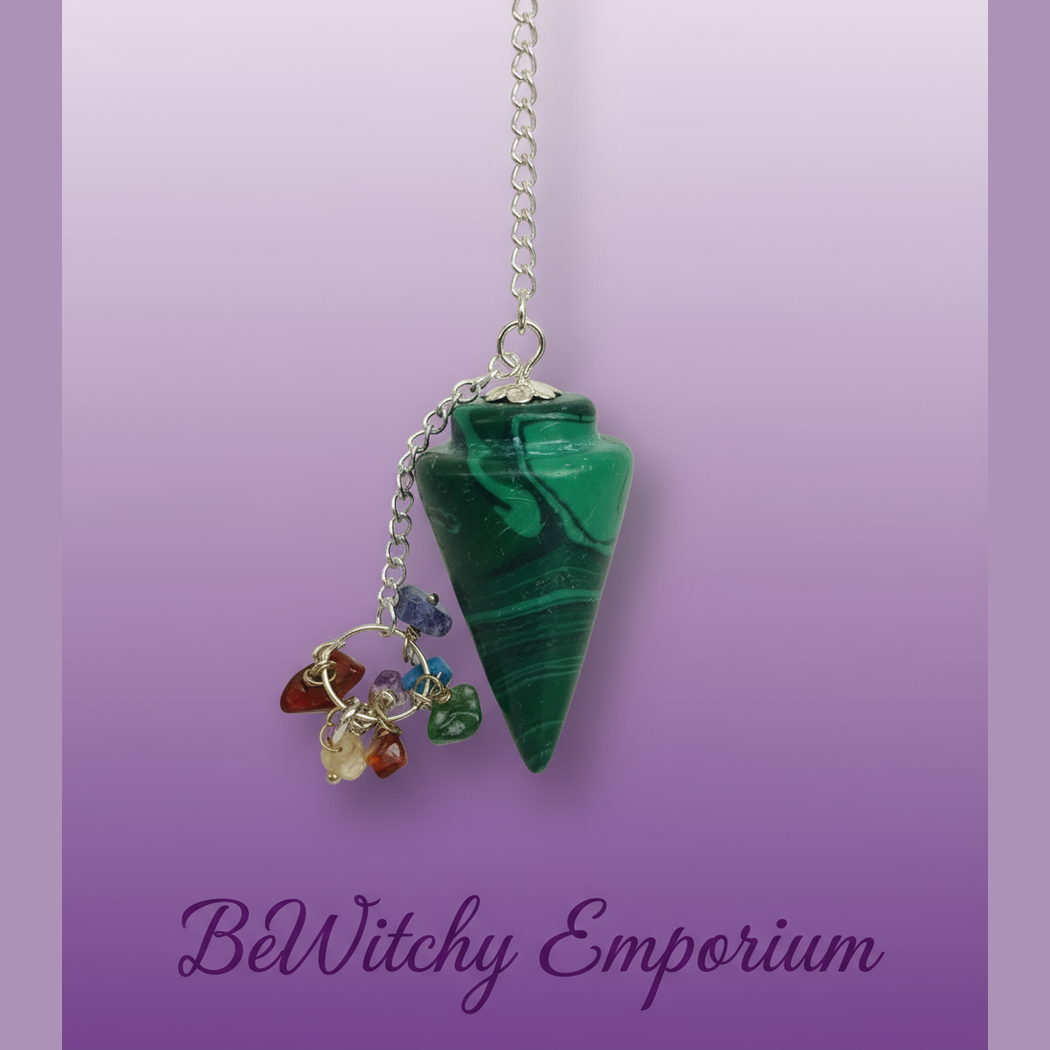 Exact malachite chakra pendulum with clean professional styling and BeWitchy Emporium watermark