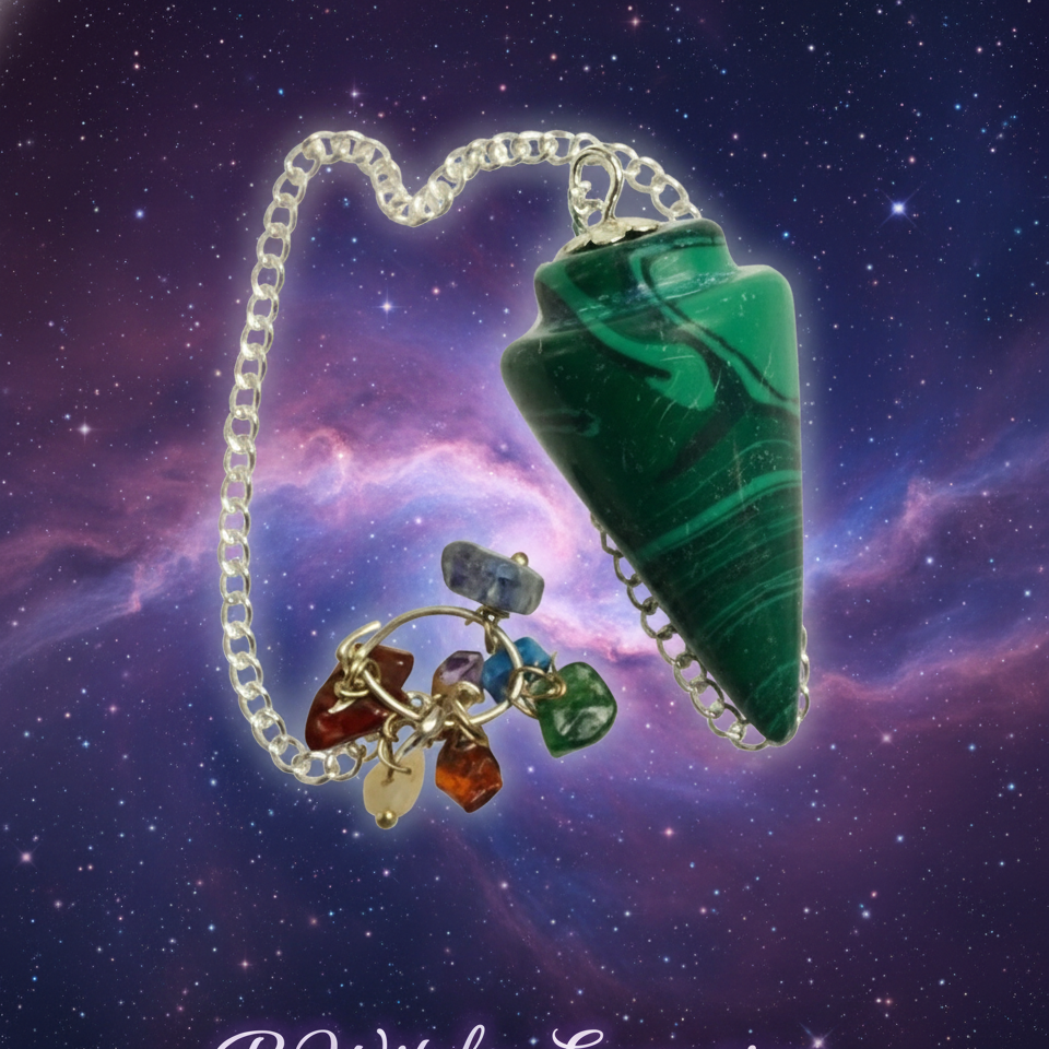 Exact malachite chakra pendulum with cosmic mystical styling and BeWitchy Emporium watermark