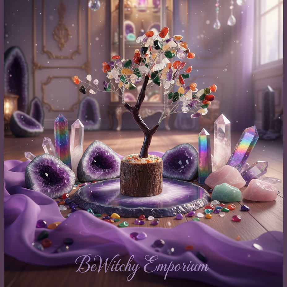 Exact mixed gemstone tree with premium crystal sanctuary ambiance and BeWitchy Emporium watermark