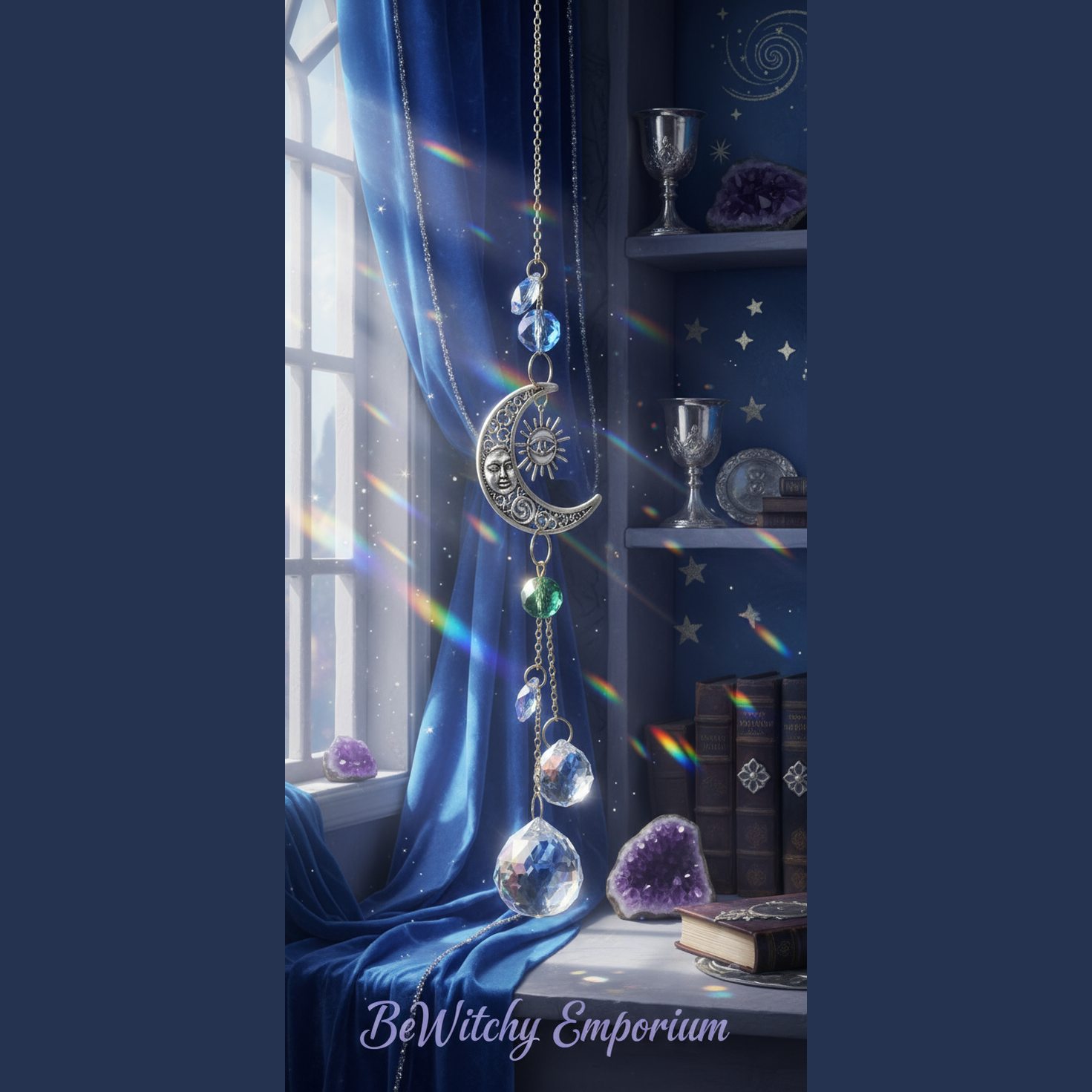 Exact moon and sun suncatcher with premium celestial sanctuary ambiance and BeWitchy Emporium watermark