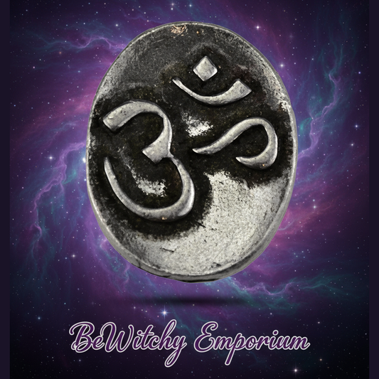 Exact Om/Aum pocket stone with cosmic mystical styling and BeWitchy Emporium watermark