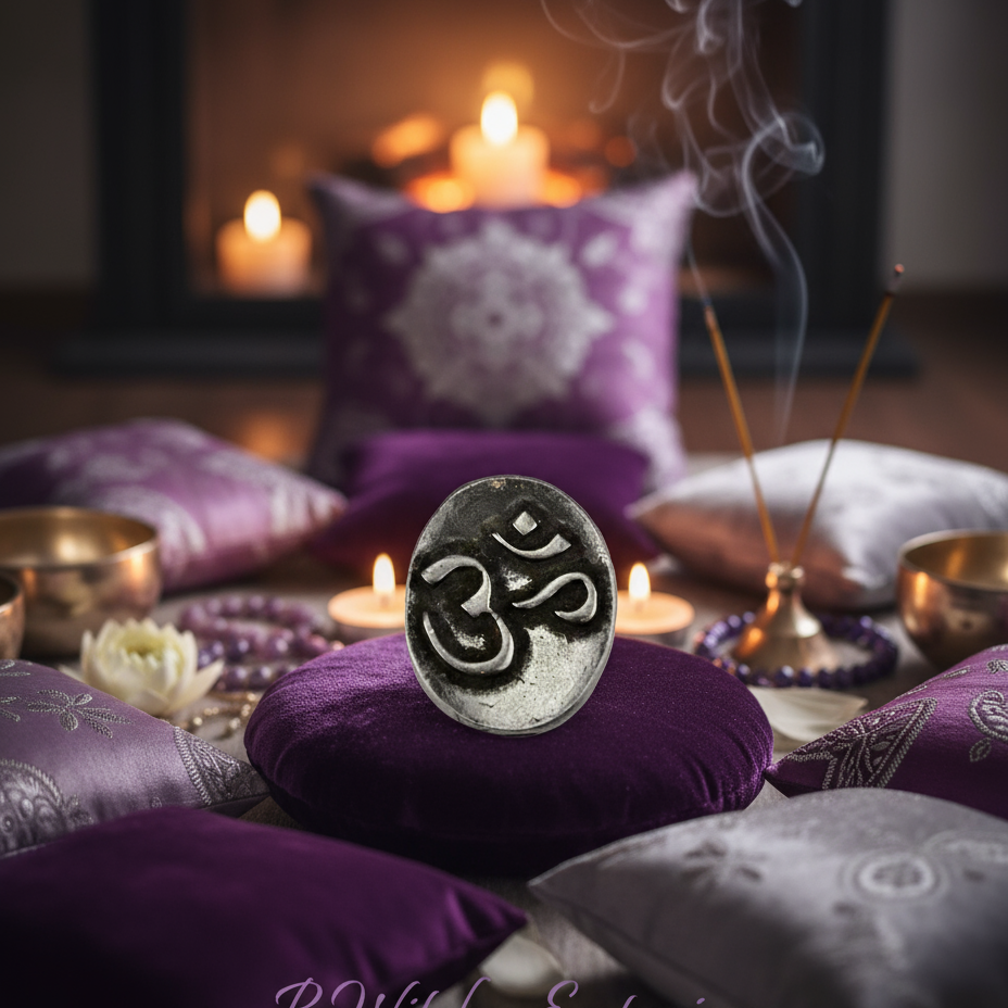 Exact Om/Aum pocket stone with premium meditation sanctuary ambiance and BeWitchy Emporium watermark