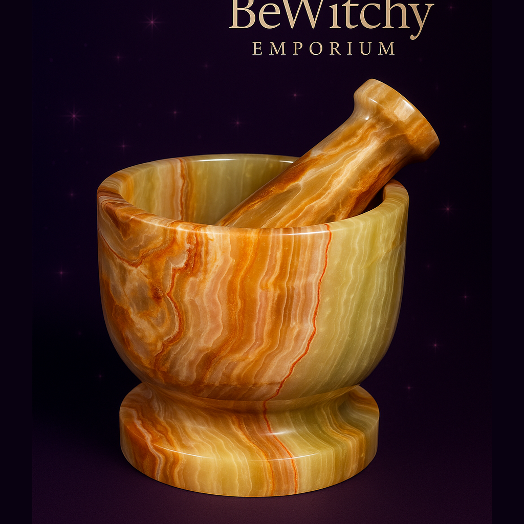 Exact onyx mortar and pestle with clean professional styling and BeWitchy Emporium watermark