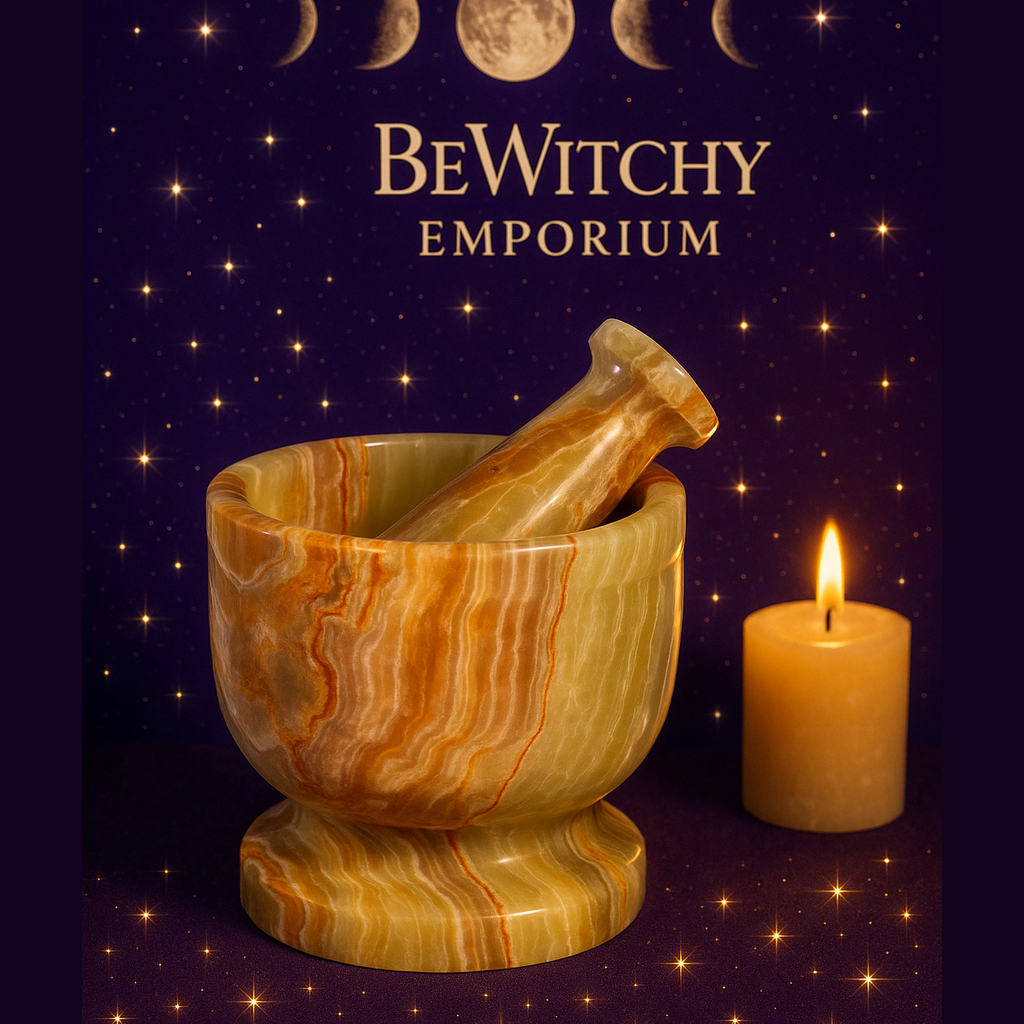 Exact onyx mortar and pestle with cosmic mystical styling and BeWitchy Emporium watermark
