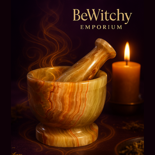 Exact onyx mortar and pestle with premium herbalism ambiance and BeWitchy Emporium watermark