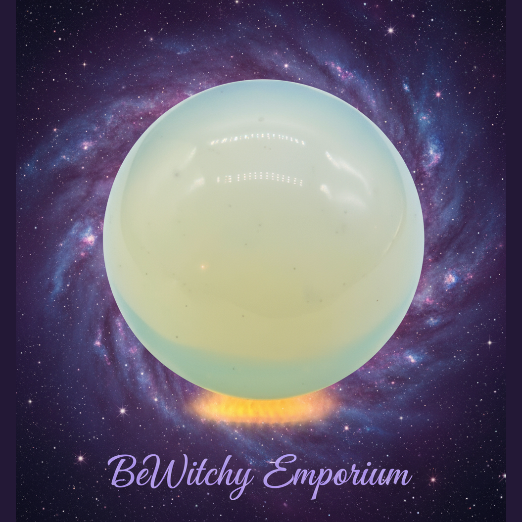 Exact opalite crystal ball with cosmic mystical styling and BeWitchy Emporium watermark