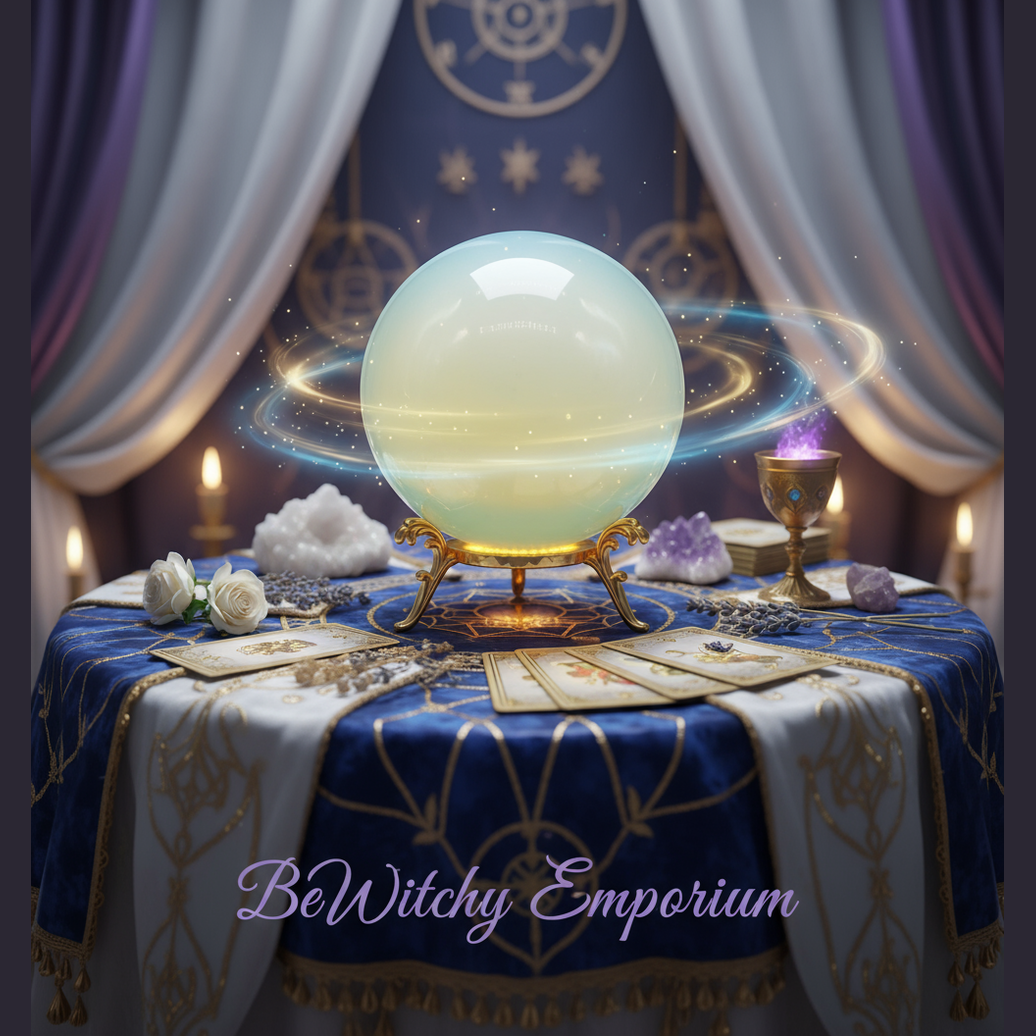 Exact opalite crystal ball with premium divination sanctuary ambiance and BeWitchy Emporium watermark