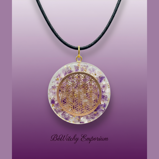 Exact orgone Flower of Life pendant with clean professional styling and BeWitchy Emporium watermark
