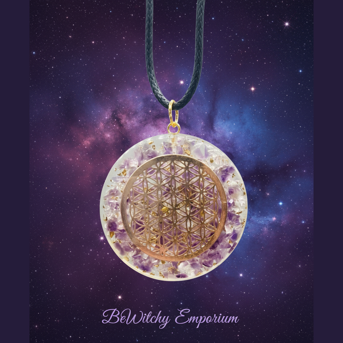 Exact orgone Flower of Life pendant with cosmic mystical styling and BeWitchy Emporium watermark