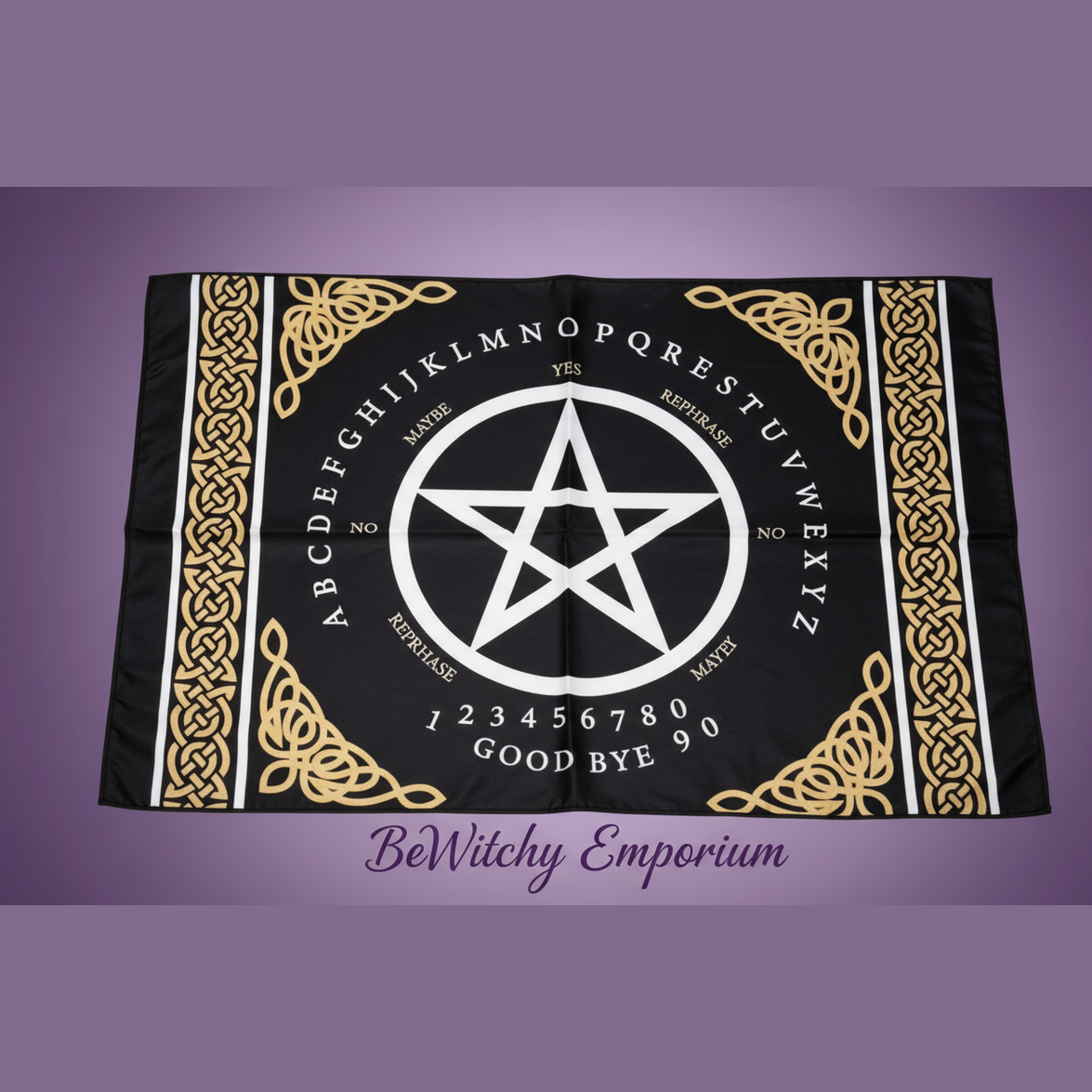 Exact Ouija board spirit board altar cloth with clean professional styling and BeWitchy Emporium watermark